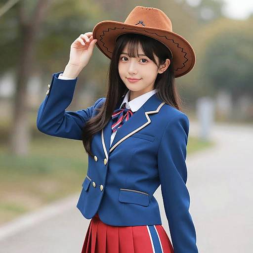 Photograph of an Asian woman in a blue school uniform with a red skirt, white collar, and blue and white tie, wearing a brown cowboy hat
