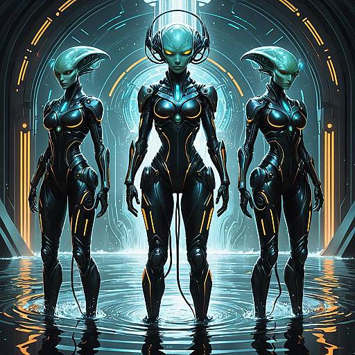 Three Futuristic Alien Hybrids with Tech Wear in Sci-Fi Setting
