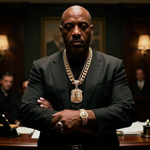 Photograph of a bald, dark-skinned man with a beard, wearing a black suit, large gold chain, and watch, standing confidently with arms