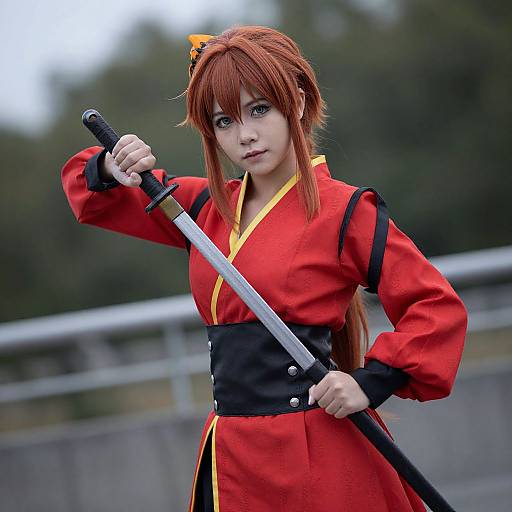 Photograph of a young woman with red hair, wearing a red and black Japanese-style outfit, holding a katana, outdoors with blurred trees in the