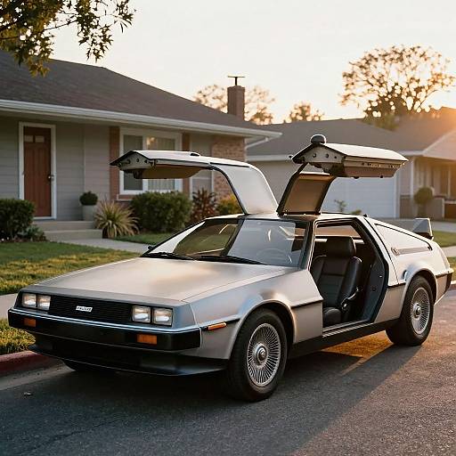 Vintage DeLorean at 1980s Suburban Sunset