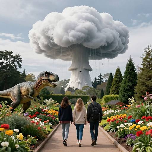 Photograph: Two people walk a flower-lined path, facing a towering, rain-filled storm cloud with a roaring T-Rex beside them.