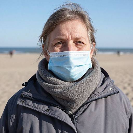 Photograph of a middle-aged woman with brown hair, wearing a blue mask, gray scarf, and black jacket, standing on a sunny beach with a
