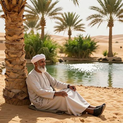 Photograph of an older Middle Eastern man with a white beard and headscarf, sitting against a palm tree in a desert oasis with a reflective pool