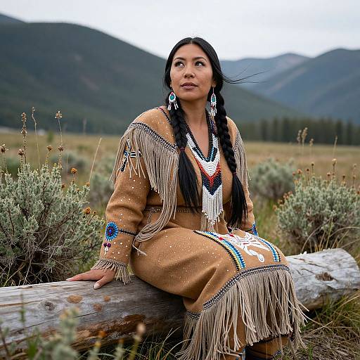 Photograph of a Native American woman with long black hair, wearing a fringed tan dress and intricate jewelry, seated on a log in a mountainous