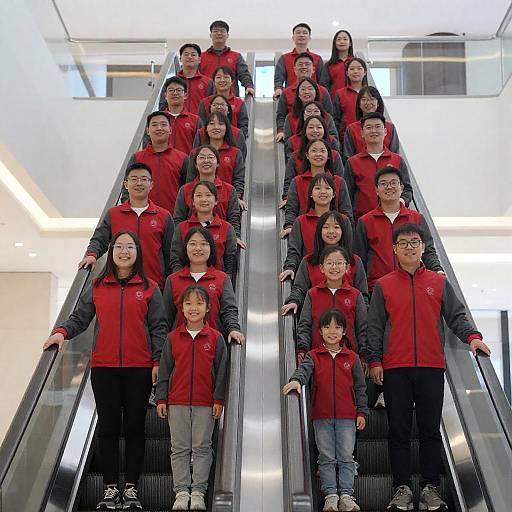 Cheerful Diverse Group on Escalator Ride