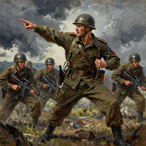 Digital painting of five World War II soldiers in green uniforms, helmets, and combat gear, advancing under a stormy sky, with one pointing forward,