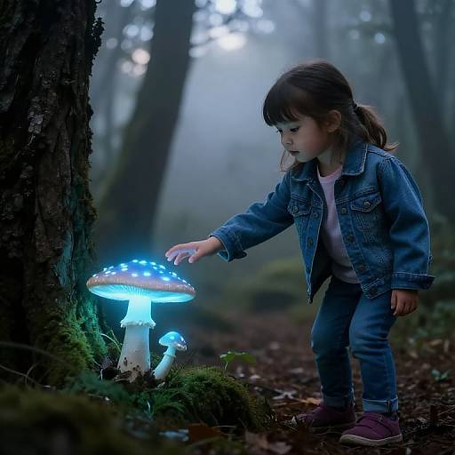 Photograph of a young girl in a denim jacket and jeans, touching glowing blue mushrooms in a misty forest.