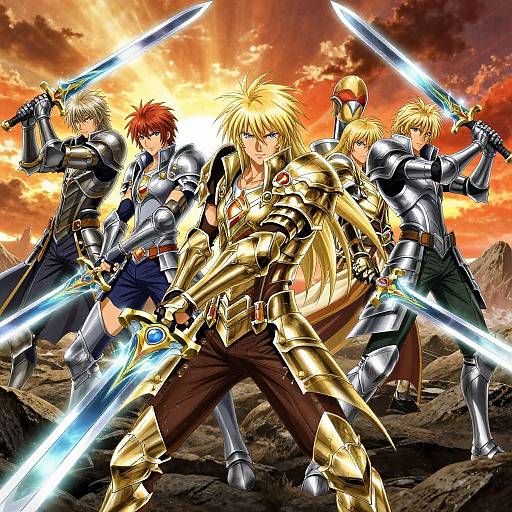 Anime-style digital illustration of five blonde warriors in gold and silver armor, holding glowing swords, standing back-to-back against a dramatic sunset sky and rocky landscape