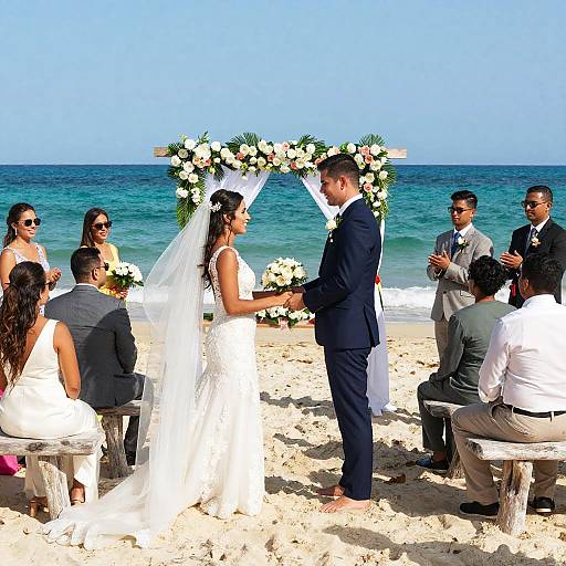 Photograph of a beach wedding: bride and groom exchanging vows at a flower-adorned arch, surrounded by guests on rustic benches.