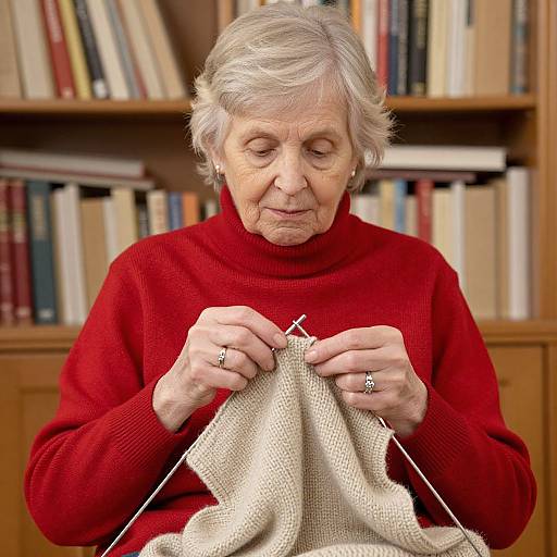 Elderly Woman Knitting by Bookshelf