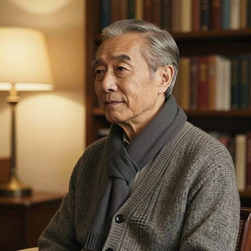 Photograph of an elderly Asian man with gray hair, wearing a gray textured blazer and dark scarf, sitting in a warmly lit study with booksh