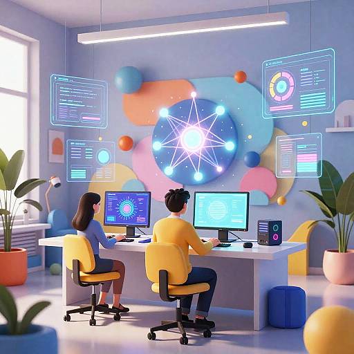 Photorealistic CGI of a modern office with two diverse, seated employees working on computers, neon interface screens, colorful wall art, and potted plants