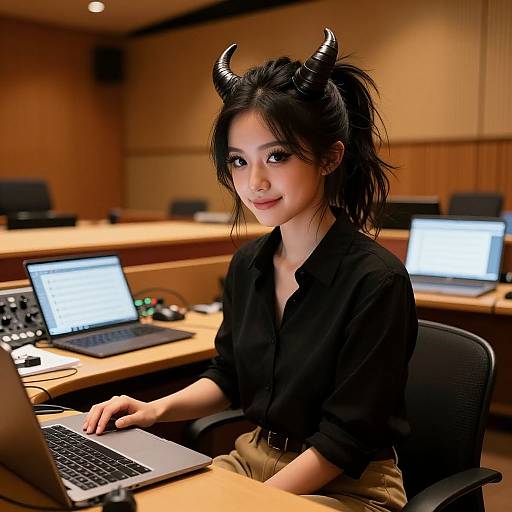 Photograph of an Asian woman with black hair, black horn headband, black blouse, and brown pants, working on a laptop in a wooden-pane