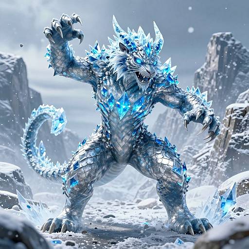 Digital CGI of a fierce, blue-and-silver, ice-crystal-covered monster with glowing blue spikes, standing in a snowy, rocky landscape, roaring