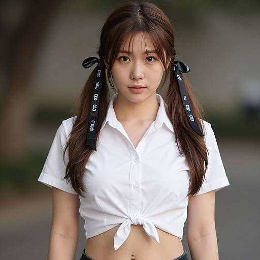 Photograph of an Asian woman with long brown pigtails, wearing a tied white crop top, black ribbons, standing outdoors with a blurred background