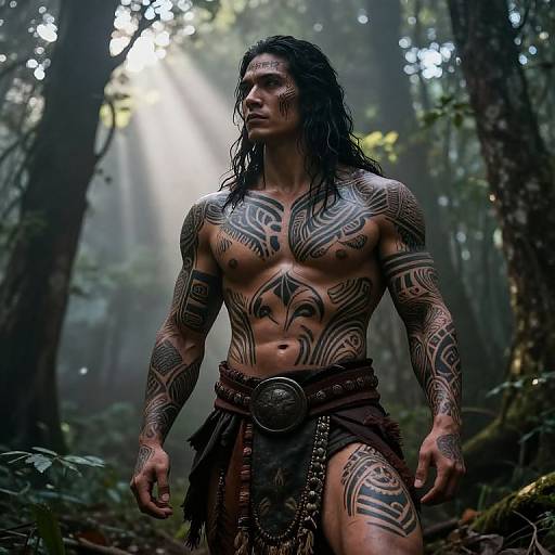Tattooed Tribal Warrior in Misty Forest