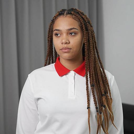 Young woman with long brown dreadlocks in white shirt
