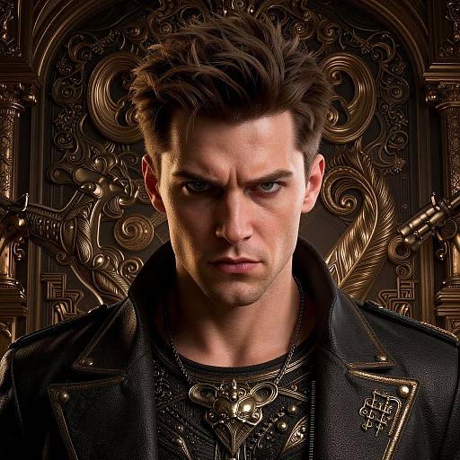 Photograph of a serious, dark-haired man with piercing blue eyes, wearing a black leather jacket adorned with gold embroidery, set against an ornate,