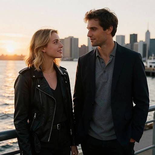 Photograph of a smiling blonde woman in a black leather jacket and a dark-haired man in a grey shirt and black blazer, standing by a waterfront