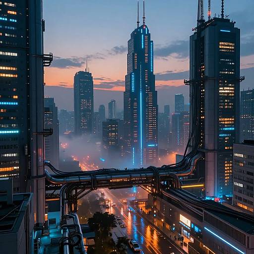 Cyberpunk cityscape at dusk with illuminated skyscrapers, neon lights, elevated highway, and bustling street below, capturing a futuristic urban atmosphere.