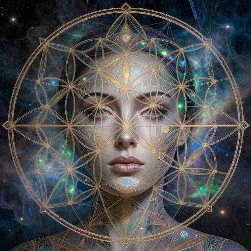 Digital artwork of a serene, ethereal woman with glowing golden geometric patterns around her face, set against a cosmic, star-filled background.