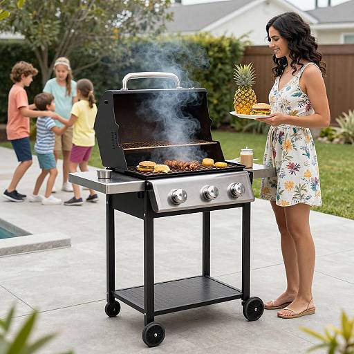 Photograph of a smiling woman in a floral dress grilling pineapple and sausages with a black grill in a backyard, children playing in the background