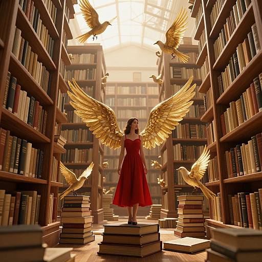Digital artwork of a winged woman in a red dress standing amidst towering library bookshelves, with golden doves flying around her. Sunlight streams