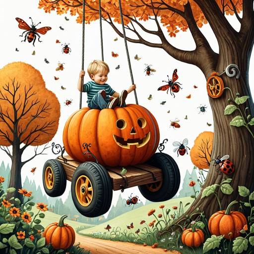 Toddler Swinging on Giant Pumpkin Carriage Toddler Swinging on Giant Pumpkin Carriage
