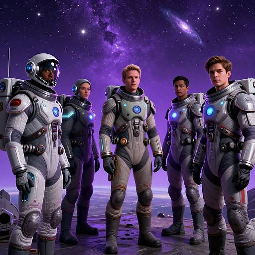 Digital art of five male astronauts in white spacesuits with blue glowing panels, standing on a moonlit, starry space surface.