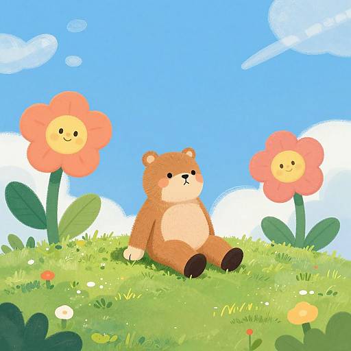 Cartoon teddy bear sits on grassy hill under bright blue sky with two smiling orange flowers and white clouds. Digital art.
