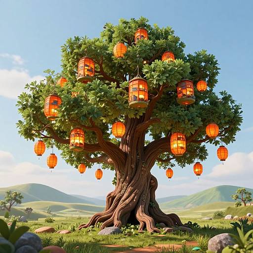 Whimsical Ancient Tree with Lantern Cities