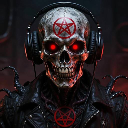 Digital artwork of a skull with glowing red eyes, wearing headphones, a black leather jacket, and red pentagrams on forehead and chest. Dark, eerie