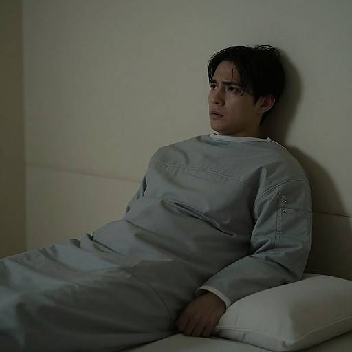 Photograph of a young man with wet, dark hair, wearing a gray hospital gown, sitting on a white bed against a plain wall, looking pens