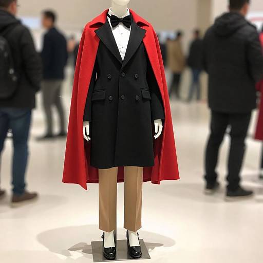 Photograph of a headless mannequin wearing a black double-breasted coat, white shirt, black bow tie, red cape, beige trousers,