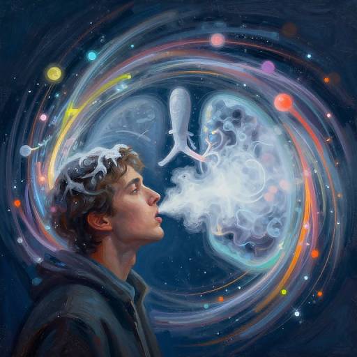Digital art: Young man with curly hair inhales glowing, ethereal smoke ring, surrounded by vibrant, swirling colors and star-like dots in a cosmic