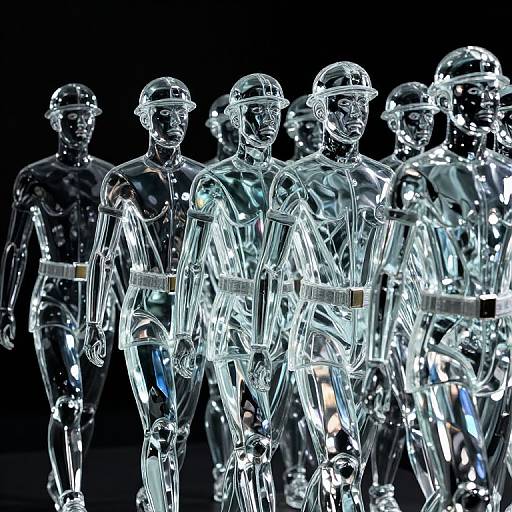 Photograph of glowing, transparent, digital wireframe soldiers in helmets and uniforms, standing in a dark background, illuminated from within.