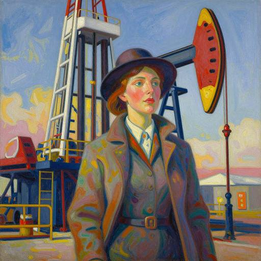 Oil painting of a red-haired woman in a brown coat and hat, standing in front of an oil rig with a blue sky background. Vibrant,
