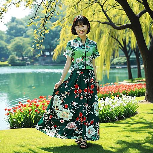 Photograph of an Asian woman with short black hair, wearing a floral green and black qipao, standing in a sunny park with a lake,