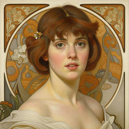 Digital art portrait of a fair-skinned, red-haired woman with a butterfly hairpin, surrounded by intricate, floral Art Nouveau patterns.
