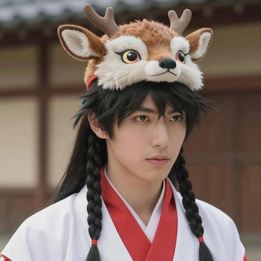 Young man in deer headpiece and traditional kimono