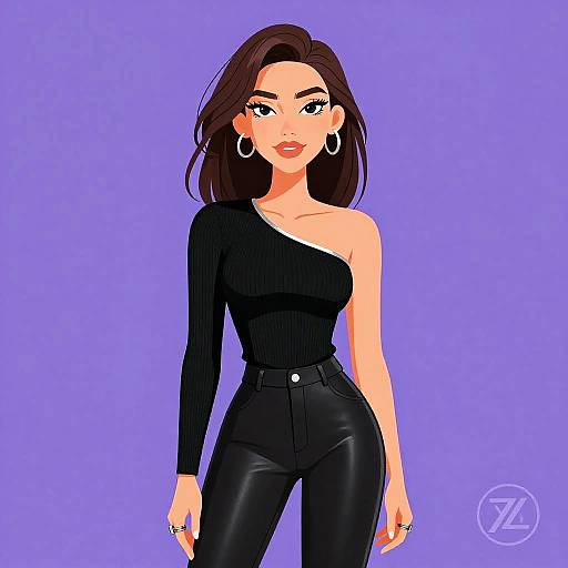Digital illustration of a confident woman with olive skin, brown shoulder-length hair, black one-shoulder top, high-waisted black leather pants,
