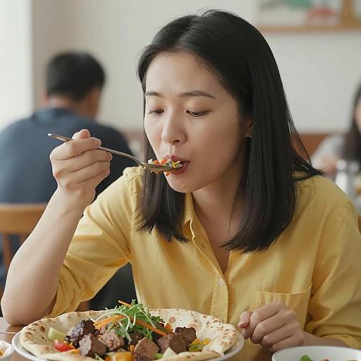 Asian Woman Enjoying Meat Dish at Restaurant