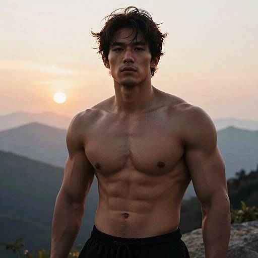 Photograph of a muscular, shirtless Asian man with tousled black hair, standing against a sunset-lit mountainous background, wearing dark pants.