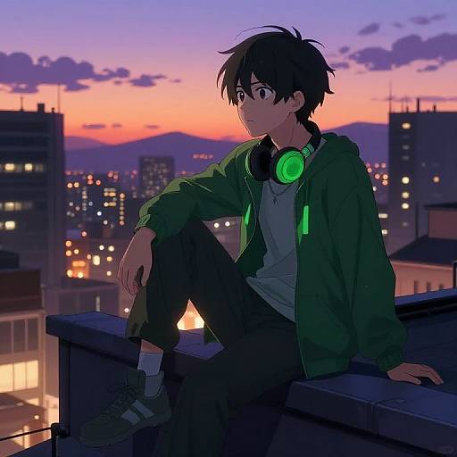 Anime-style digital drawing of a young man with black hair and green headphones, sitting on a rooftop at sunset, wearing a green jacket and black pants,
