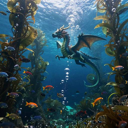 Majestic Aquatic Dragon in Mystical Underwater Forest