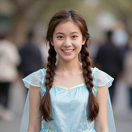 Photograph of a young Asian girl with long braided brown hair, smiling, wearing a light blue, fairy-tale style dress with white sheer sleeves
