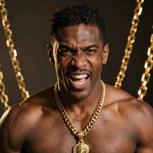 Photograph of a muscular, dark-skinned man with short, curly hair, shouting fiercely, wearing a large gold chain with a pendant, against a
