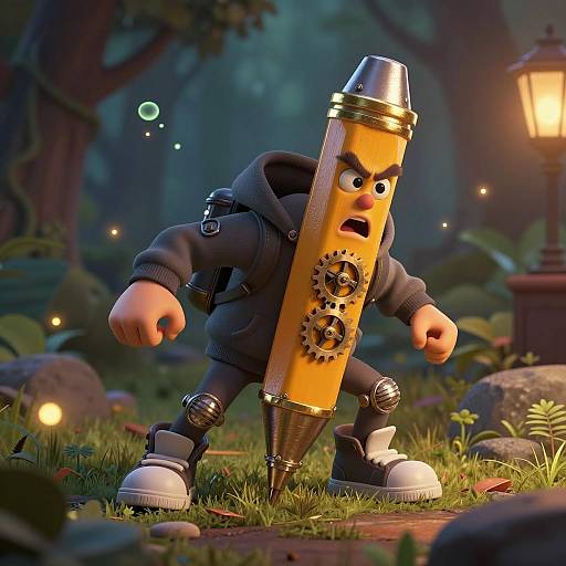 Anthropomorphic Grumpy Pencil Knight in Forest
