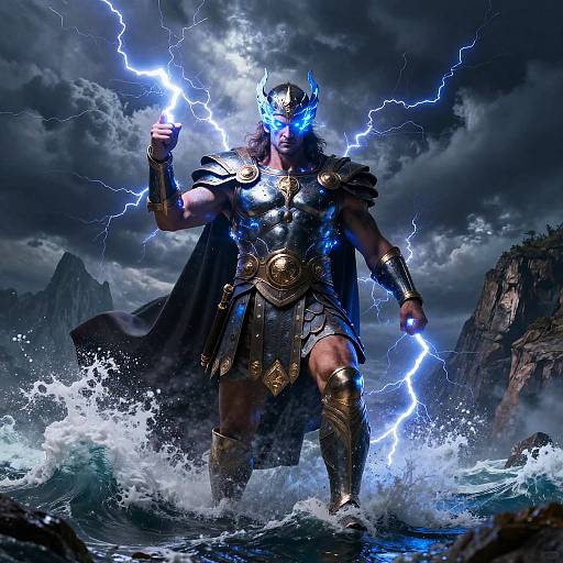 Digital artwork of a muscular, armored god with glowing blue lightning, holding a bolt, standing in turbulent ocean waves, dark stormy sky.